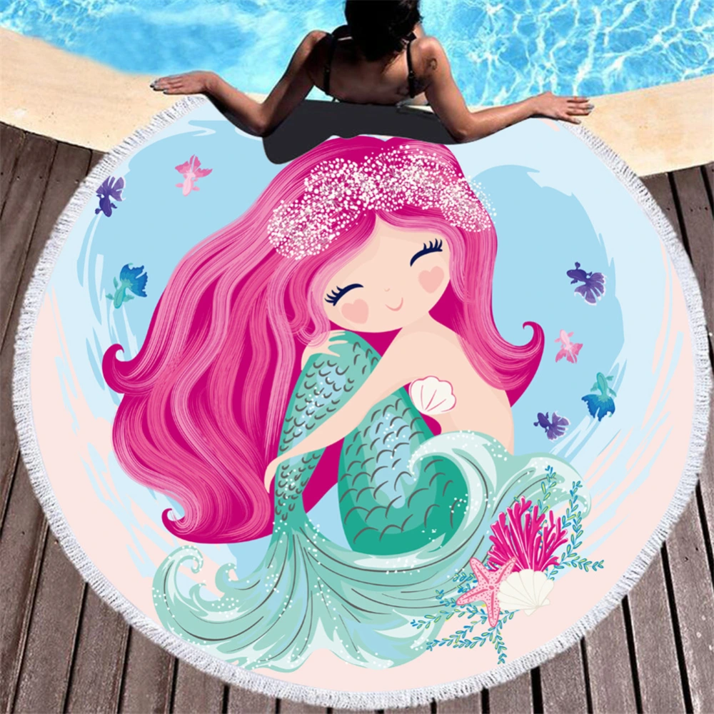 Cartoon pink mermaid microfiber round beach towel