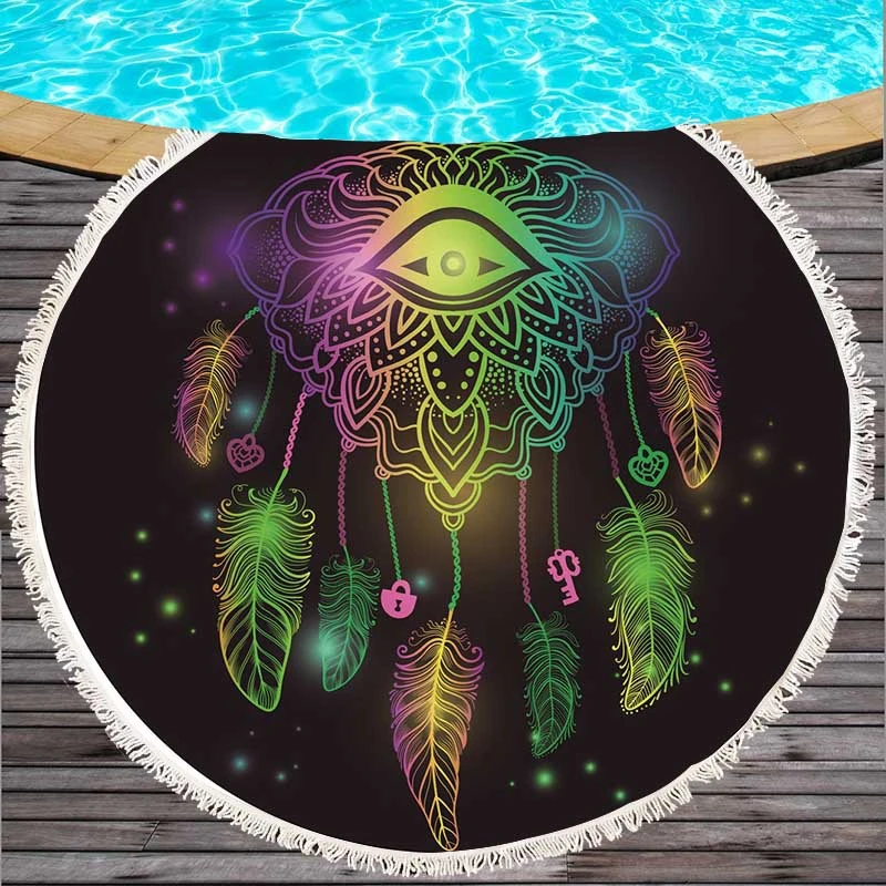 Round beach towel with colorful feathers and tassels