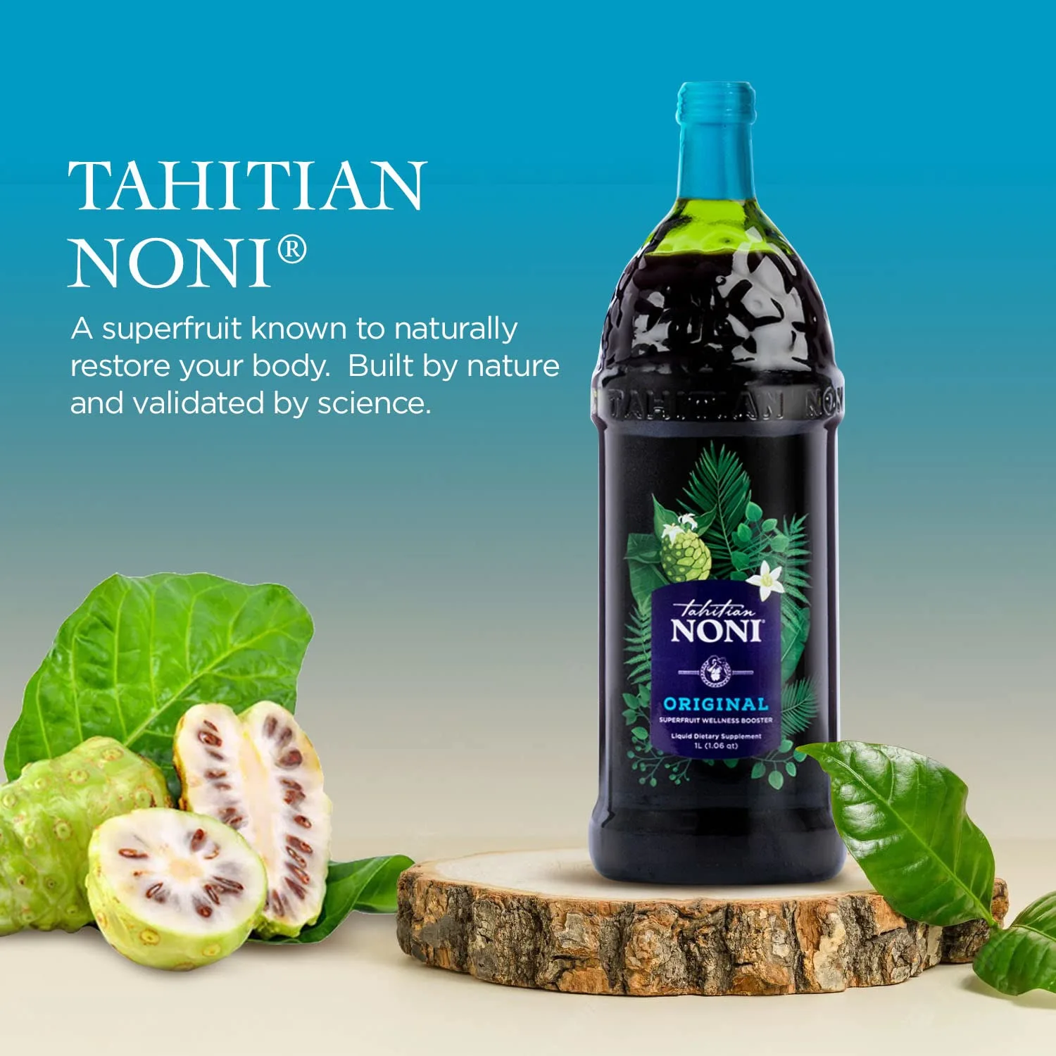 TAHITIAN NONI Juice by Morinda, Original and Authentic, Noni Fruit Puree from Tahiti with Natural Blueberry & Grape (Resveratrol), All-Natural Daily Wellness Drink - 4 One Liter Juice Bottles Per Case