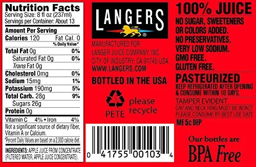 Langers 100% Juice, Apple, 101.4 Ounce (Pack of 4)