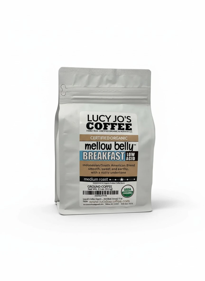 Lucy Jo's Coffee, Organic Mellow Belly Breakfast Low Acid Blend, Medium Roast, Ground, 11 oz
