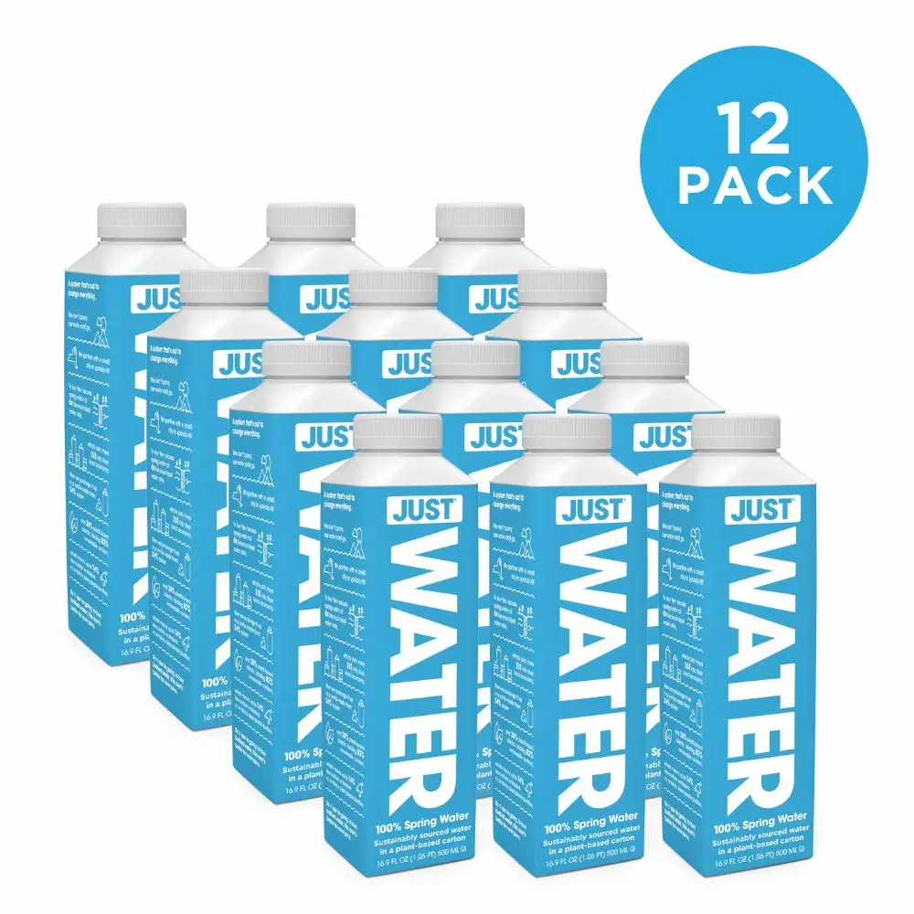JUST Water, Premium Pure Still Spring Water in an Eco-Friendly BPA Free Plant-Based Bottle - Naturally Alkaline, High 8.0 pH - Fully Recyclable Boxed Carton, 16.9 Fl Oz (Pack of 12)