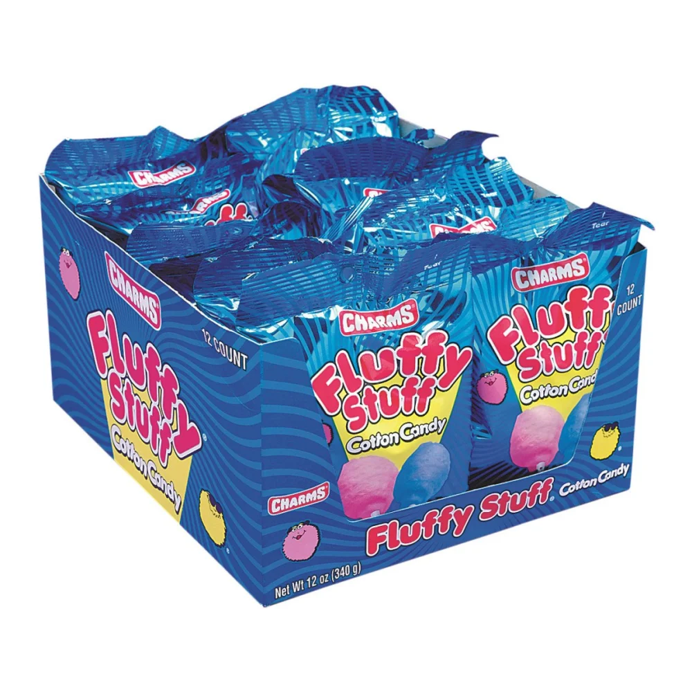 Fluffy Stuff Cotton Candy - Pink and Blue Fresh Spun Floss Sugar Retro Candy - Carnival Cotton Candy in Stay Fresh Packs for Gifts, Party Favors - Pack of 12 1 oz. Bags