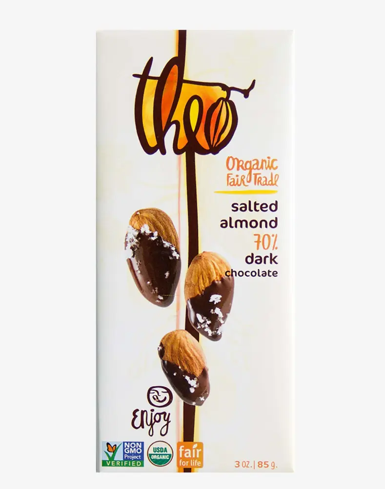 Theo Chocolate Organic Salted Almond 70 Percentage Dark Chocolate Bar, 3 Ounce - 12 per case.