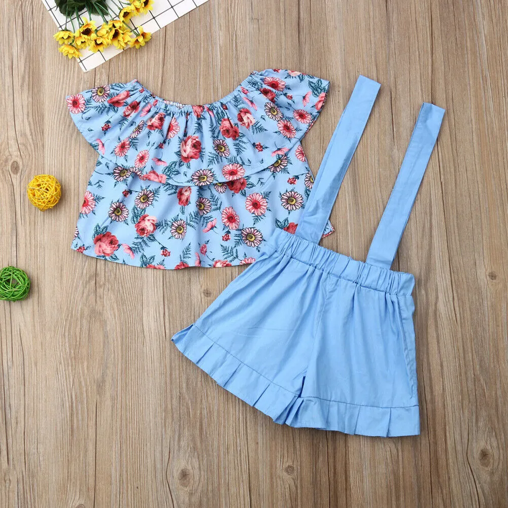 Girls SDuit Blue Floral Overalls + tube Top 2 Piece Set