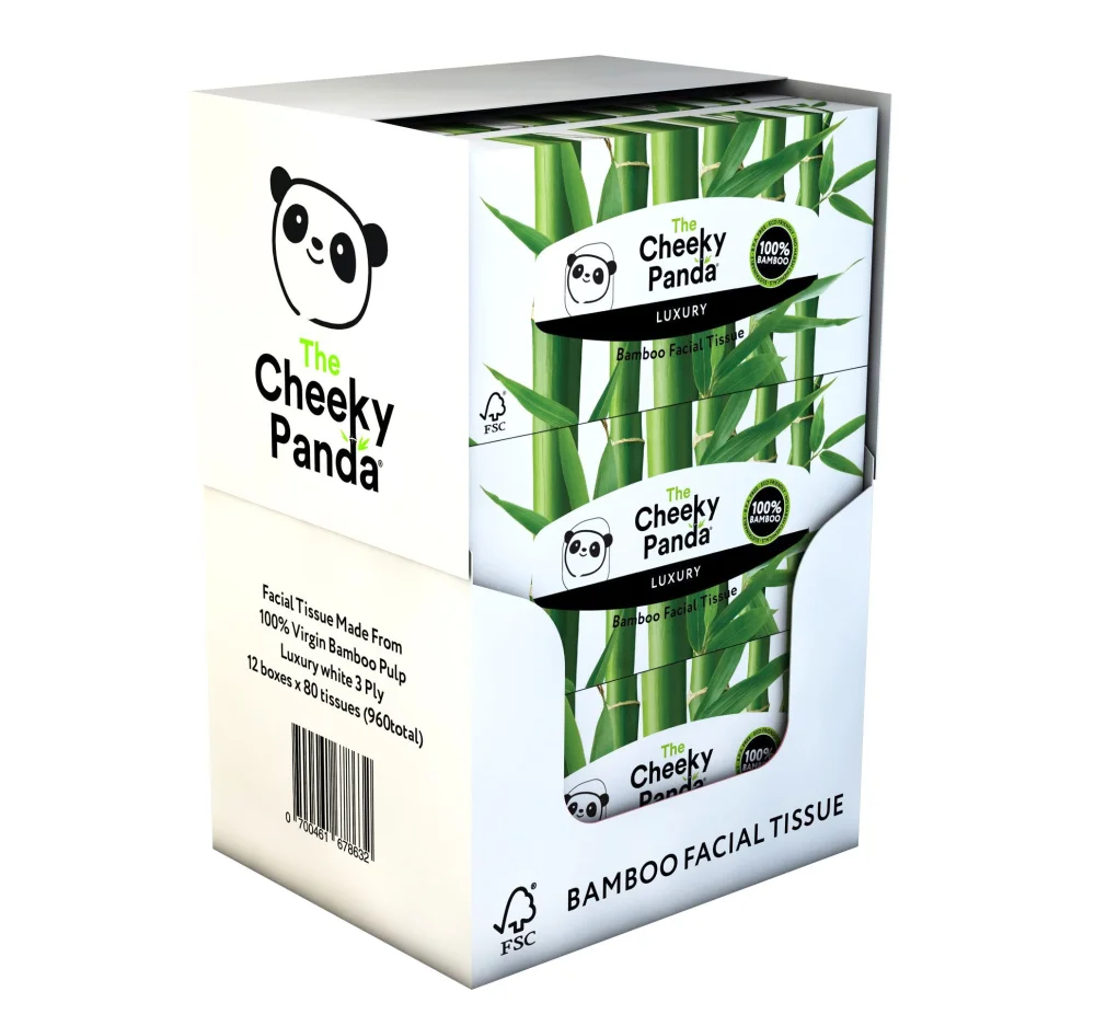 The Cheeky Panda Bamboo Facial Tissues Boxes | 12 x Flat Tissue Boxes (80 Tissues per Box) | Soft 3 Ply Bamboo Tissue Paper Bulk | Sustainable Tissues Flat Box