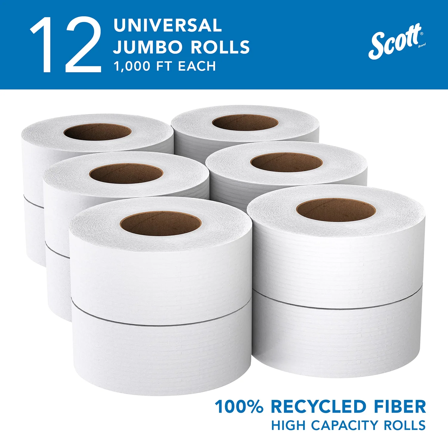 Scott Professional 100% Recycled Fiber High-Capacity Jumbo Roll Bulk Toilet Paper (67805), 2-Ply, White, Non-Perforated (12 Rolls at 1,000' Each, 12,000'/Case)