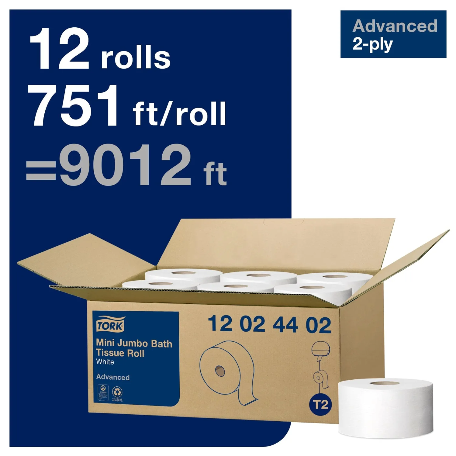 Tork Mini Jumbo Toilet Paper Roll White T2, Advanced, 2-Ply, 12 x 751', 12024402