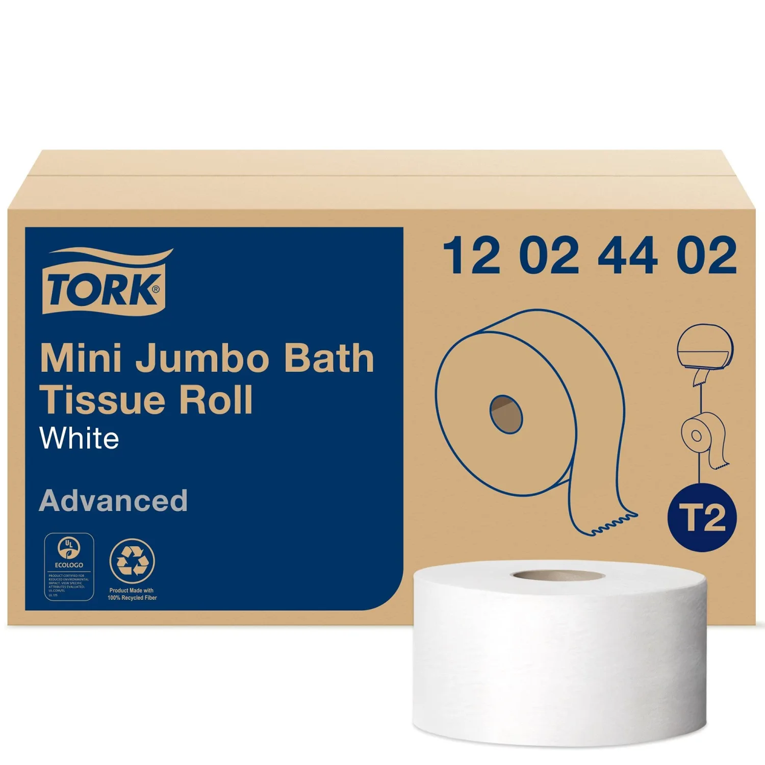 Tork Mini Jumbo Toilet Paper Roll White T2, Advanced, 2-Ply, 12 x 751', 12024402