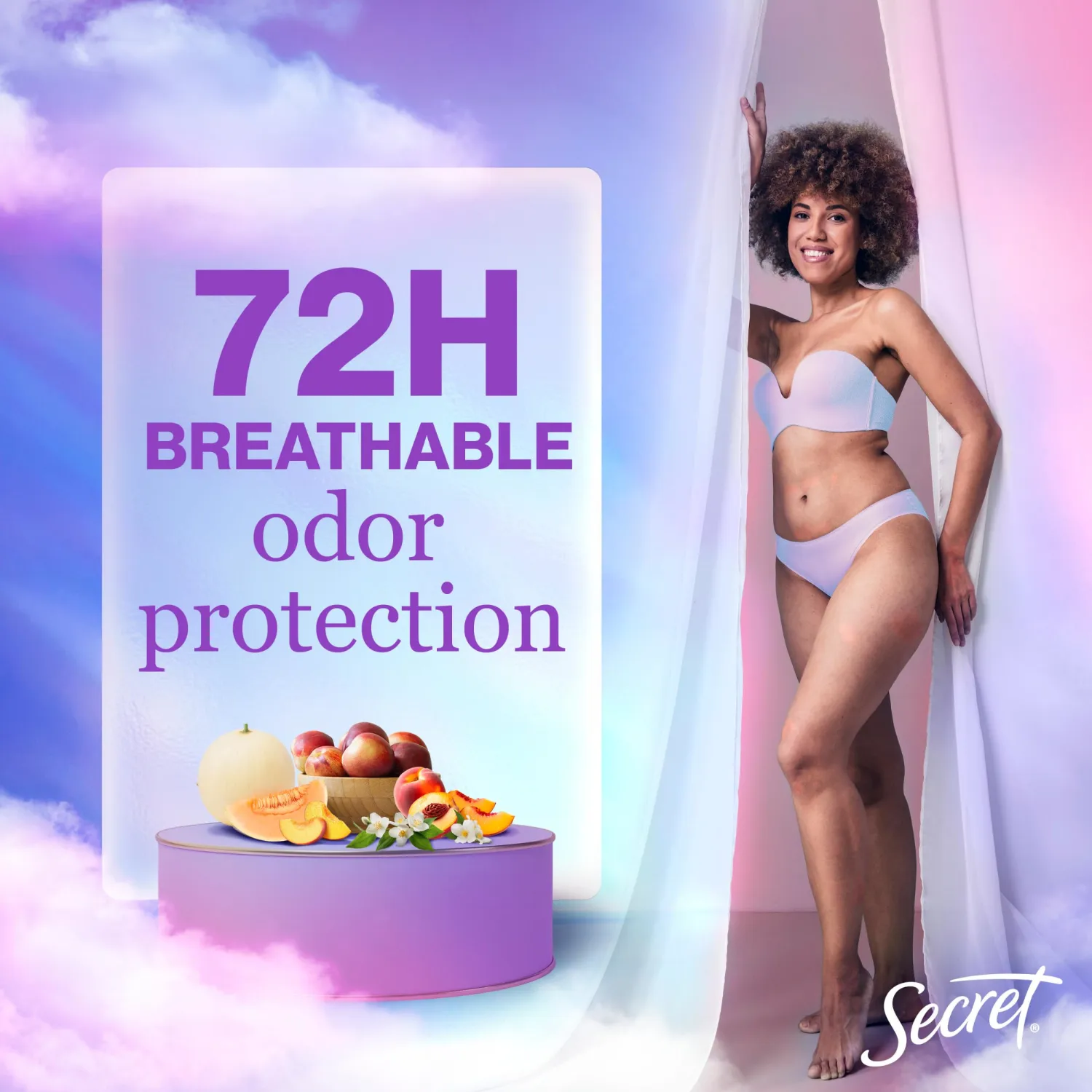 Secret Fresh Antiperspirant Deodorant for Women, 72hr Breathable Sweat & Odor Protection, Instant Freshness & Gentle, PH Balancing Minerals, Invisible Solid, Sweet Nectarine Scent, 2.6 oz