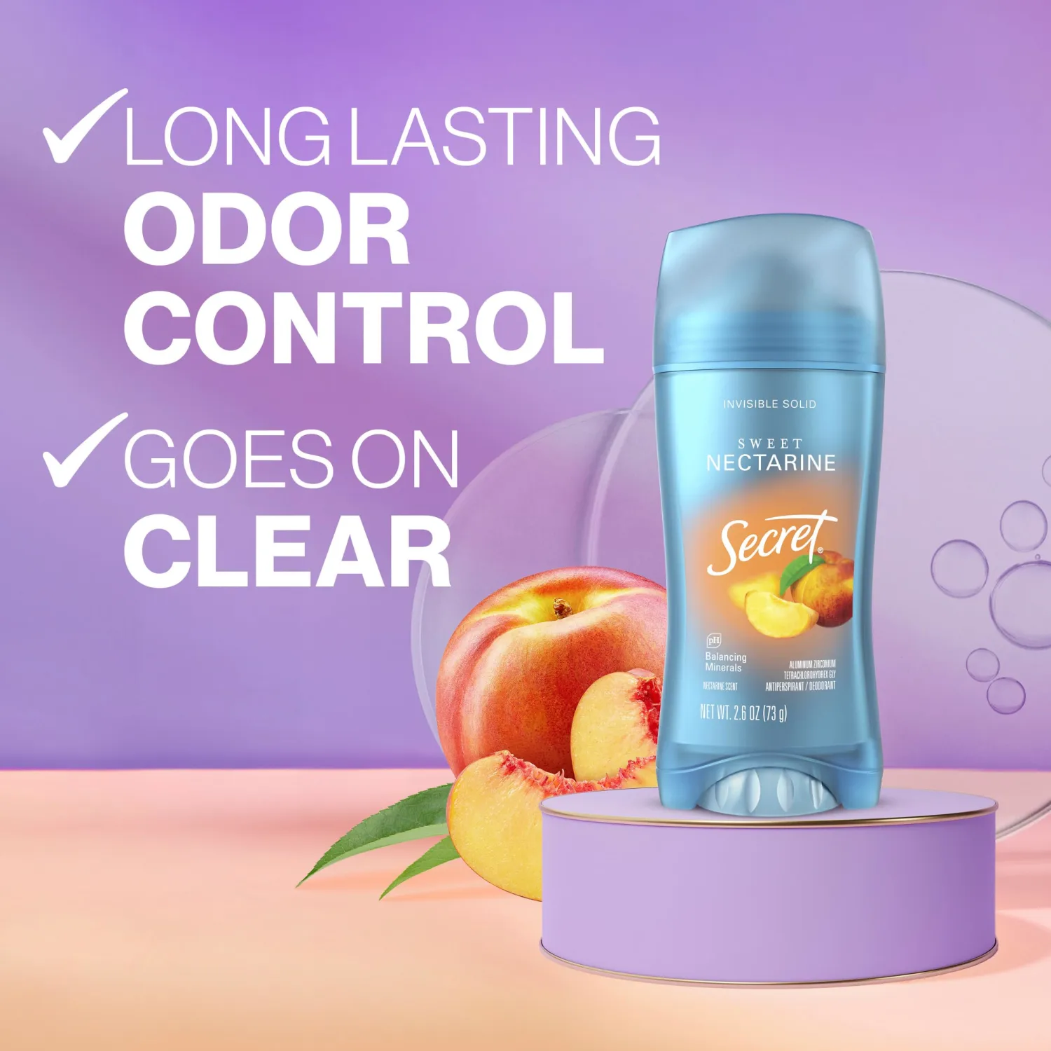 Secret Fresh Antiperspirant Deodorant for Women, 72hr Breathable Sweat & Odor Protection, Instant Freshness & Gentle, PH Balancing Minerals, Invisible Solid, Sweet Nectarine Scent, 2.6 oz