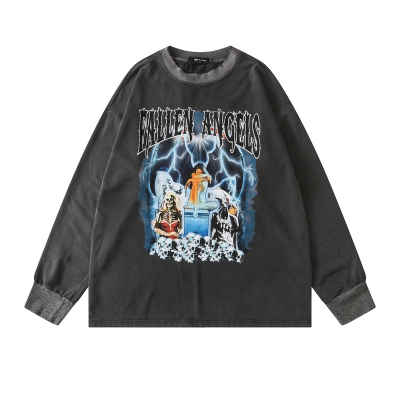 Lightning Skull Wash Water Distressed Round Neck Long Sleeve Sweater