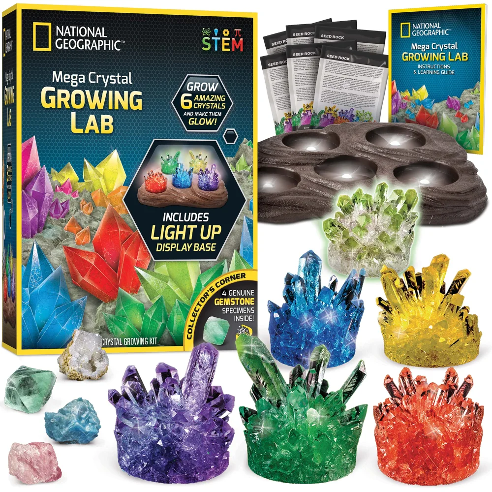 NATIONAL GEOGRAPHIC Mega Crystal Growing Kit for Kids- Grow 6 Crystals with Light-Up Stand, Science Gifts for Kids 8-12, Crystal Making Experiment, Science Kit for Girls and Boys (Zinc Exclusive)