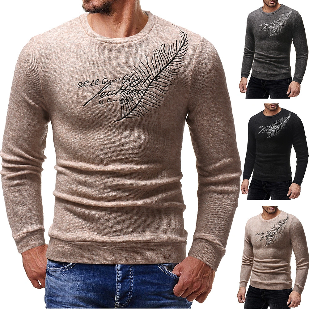 Feather Embroidery Long-Sleeved Sweater Pullover