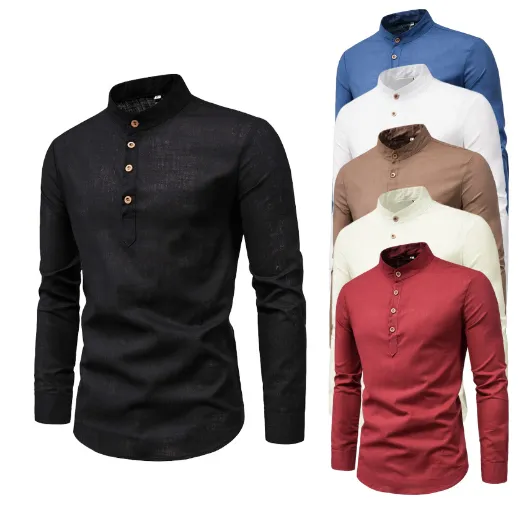 Men's Long-Sleeved Shirt Solid Color Stand-Up Collar Cotton And Linen Shirt