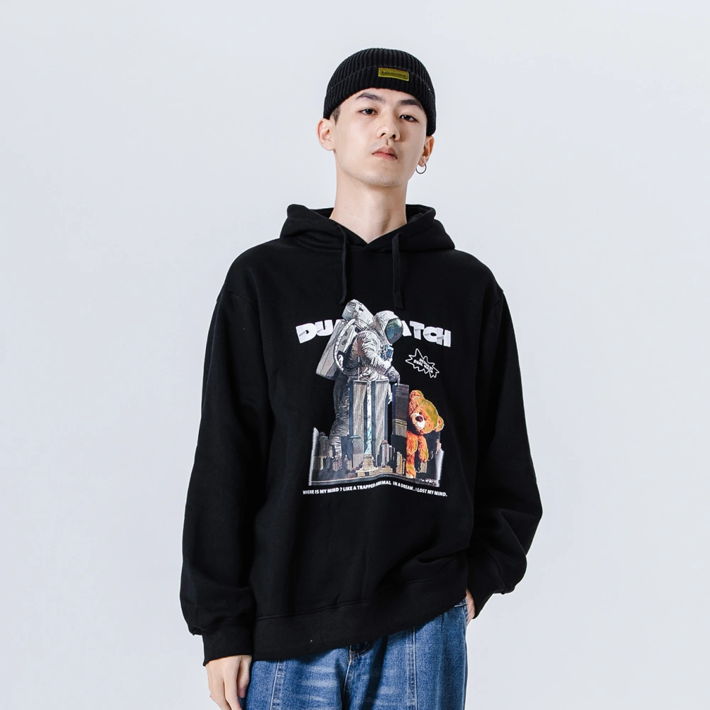 Retro Bear Astronaut Print Loose Hooded Sweatshirt