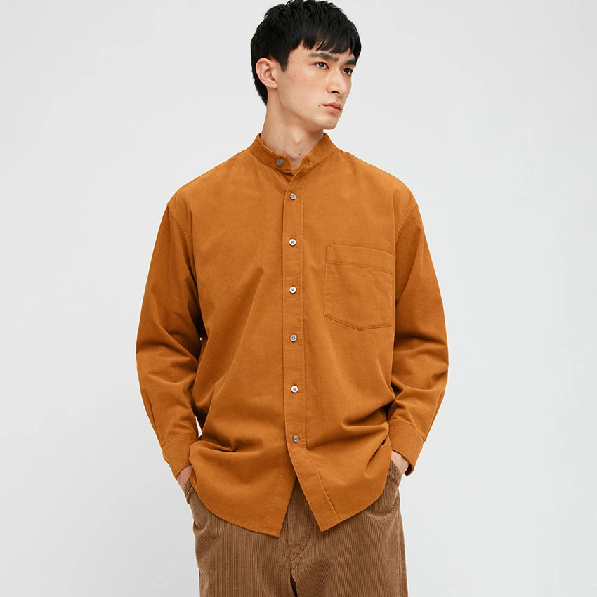 Men's Corduroy Stand Collar Shirt Loose Solid Color Long Sleeve Shirt