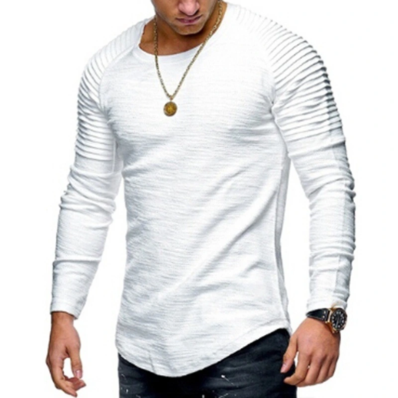 Men's Sports Round Neck Pleated Raglan Long Sleeve T Shirt