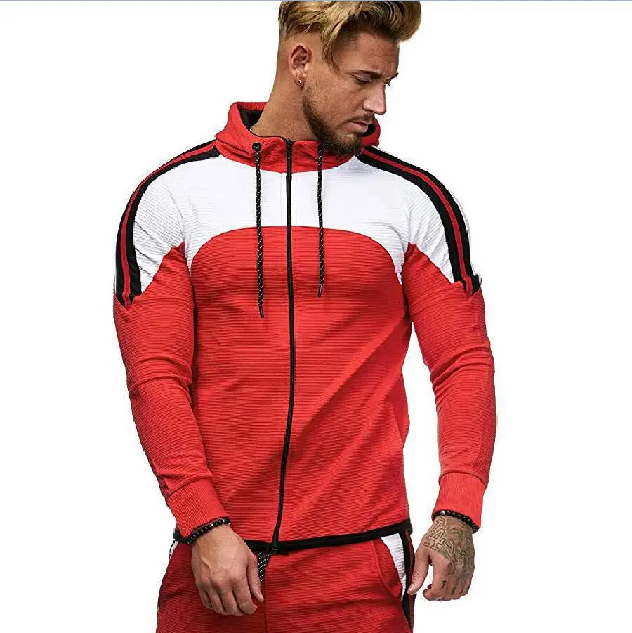 New Men's Cardigan Sweater Jacket Hooded Striped Color Blocking Pocket Jacket