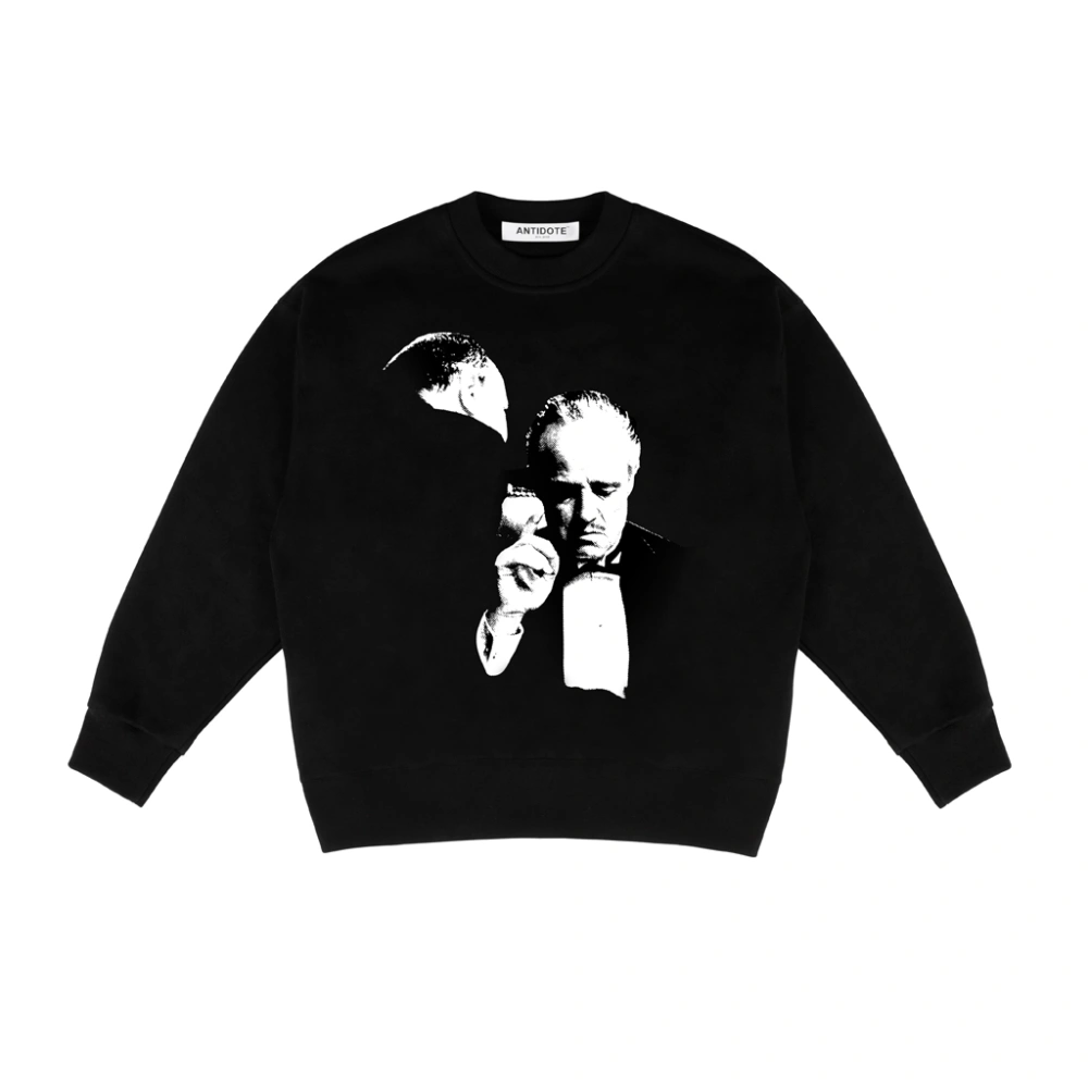 Retro Street Black Padded Godfather Print Cotton Crew Neck Sweater