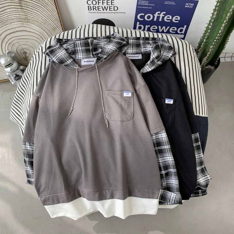 Sweatshirt Men's Hooded Spring And Autumn Stitching Plaid Loose Top