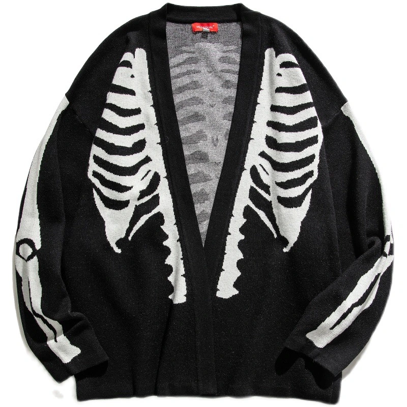 Men's New V-neck Cardigan Sweater Skeleton Jacquard