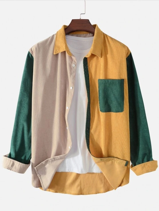 Corduroy Color Block Long Sleeve Chest Pocket Men's Shirt
