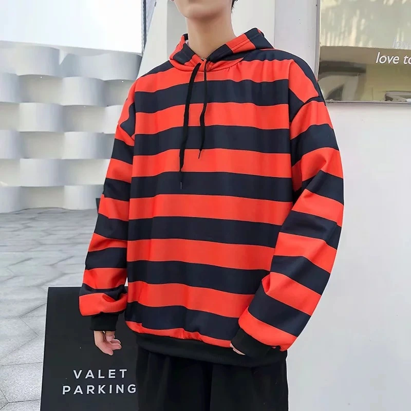 Couples Plus Fleece Hooded Loose Striped Hoodie Sweater Jacket