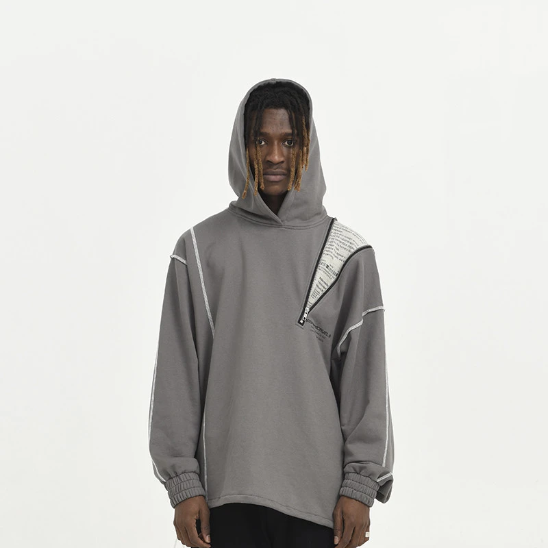 Asymmetrical Zipper Reverse Process Printing Loose Hooded Sweatshirt