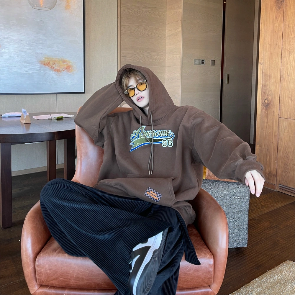 Letter Embroidered Hooded Couple Sweatshirt