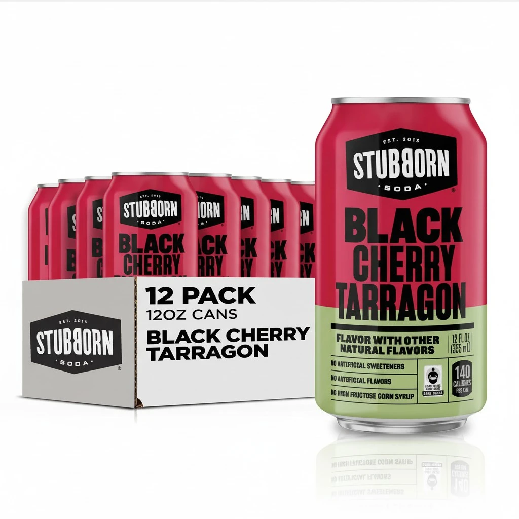 STUBBORN SODA, Black Cherry Tarragon, 12oz Cans (12 Pack)