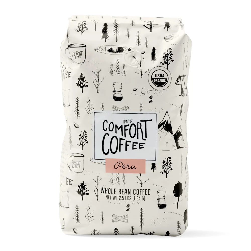 Mt. Comfort Coffee Organic Peru Medium Roast, 2.5 Pounds - Flavor Notes of Nutty, Chocolate, & Citrus - Sourced From Small, Peruvian Coffee Farms - Roasted Whole Beans