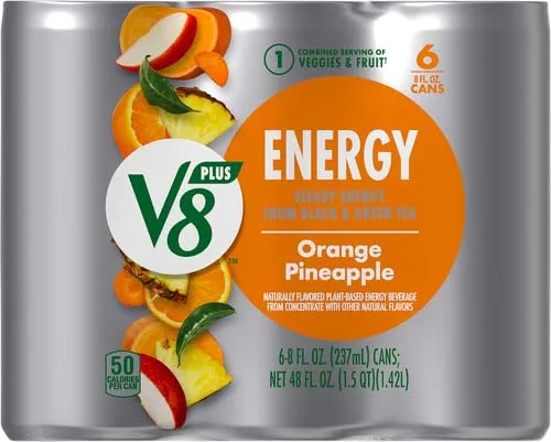 V8 +ENERGY Orange Pineapple Energy Drink, Made with Real Vegetable and Fruit Juices, 8 FL OZ Can (Pack of 6)