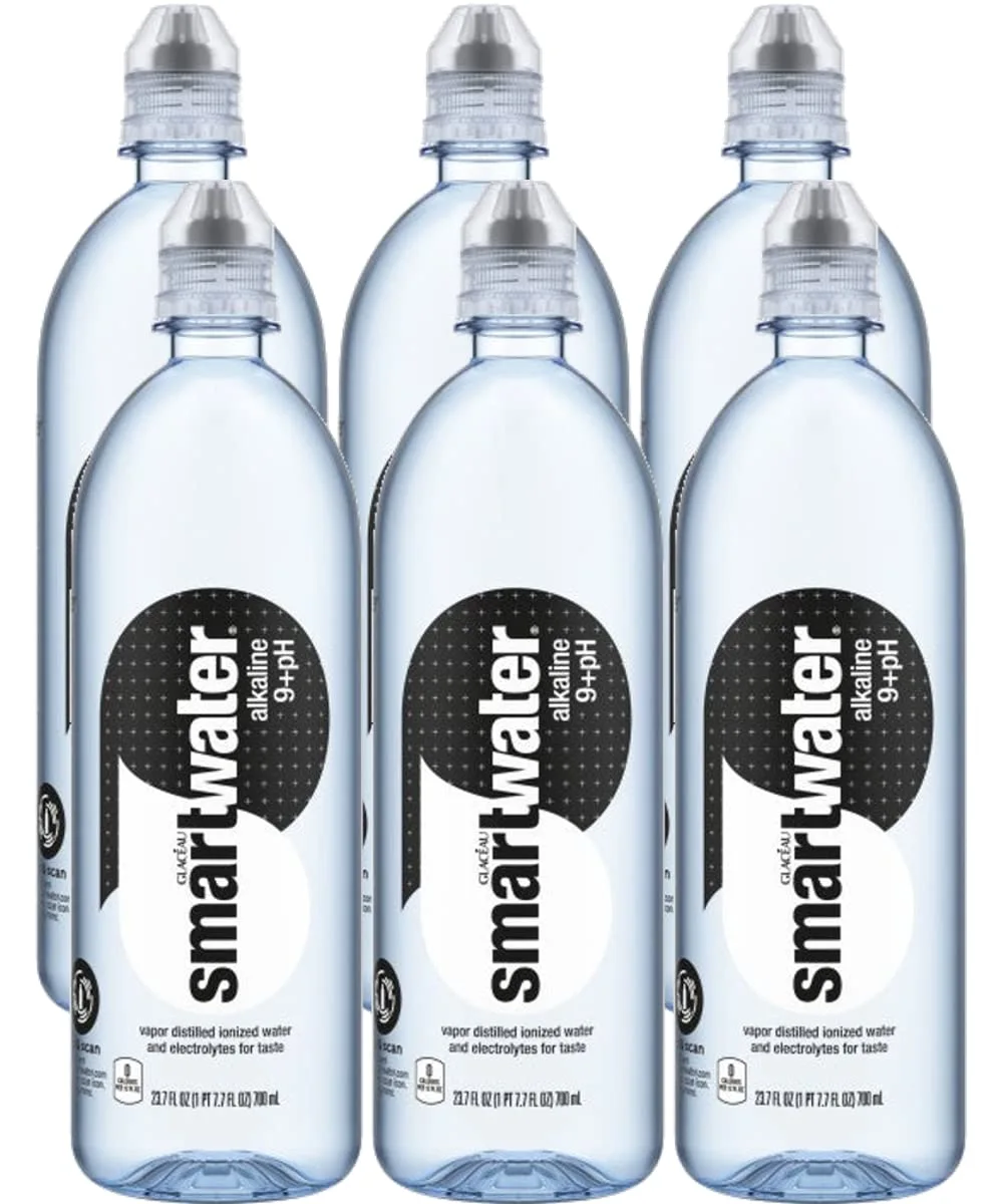 smartwater Alkaline 9+ph Water Bottle with Sports Cap, 700ml - 23.7 Fl Ounce (Pack of 6)