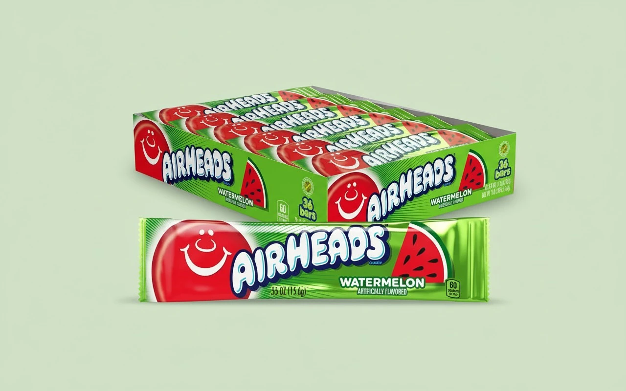 Airheads Candy, Watermelon Flavor, Individually Wrapped Full Size Bars, Taffy, Non Melting, Party, Pack of 36 Bars