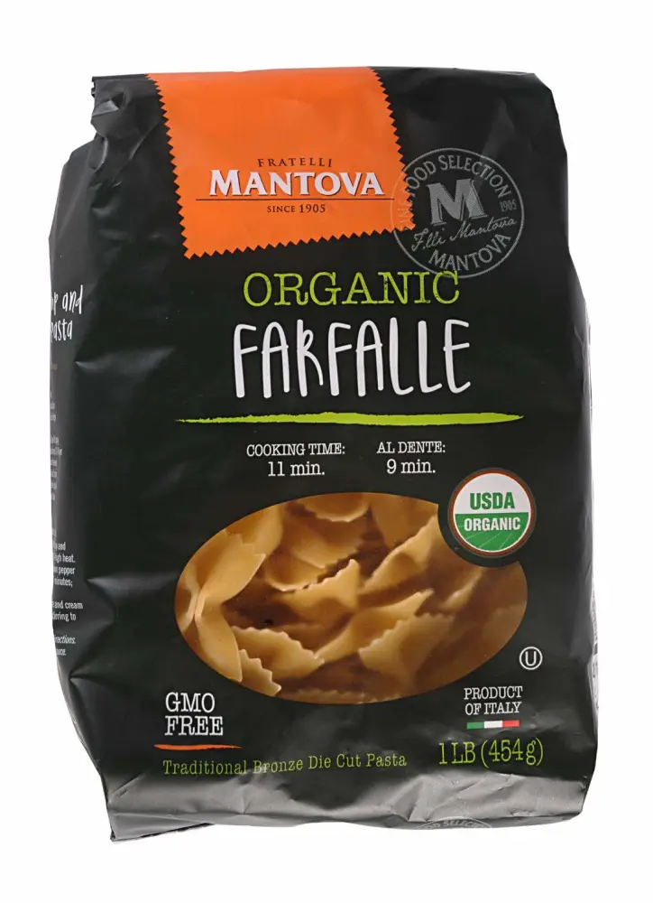 Mantova Italian Organic Pasta Bowtie Farfalle - 100% Durum Semolina Organic Farfalle -Product Of Italy, 1 Pound, (Pack of 6)