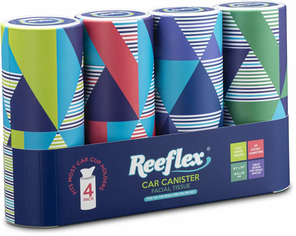 Reeflex Car Tissues 50 Sheets per Canister, Soft, Gentle, and Durable in a Stylish, Convenient Shape to Fit Any Car Cup Holder - 4 Canisters, 200 Sheets Total - Package Design May Vary