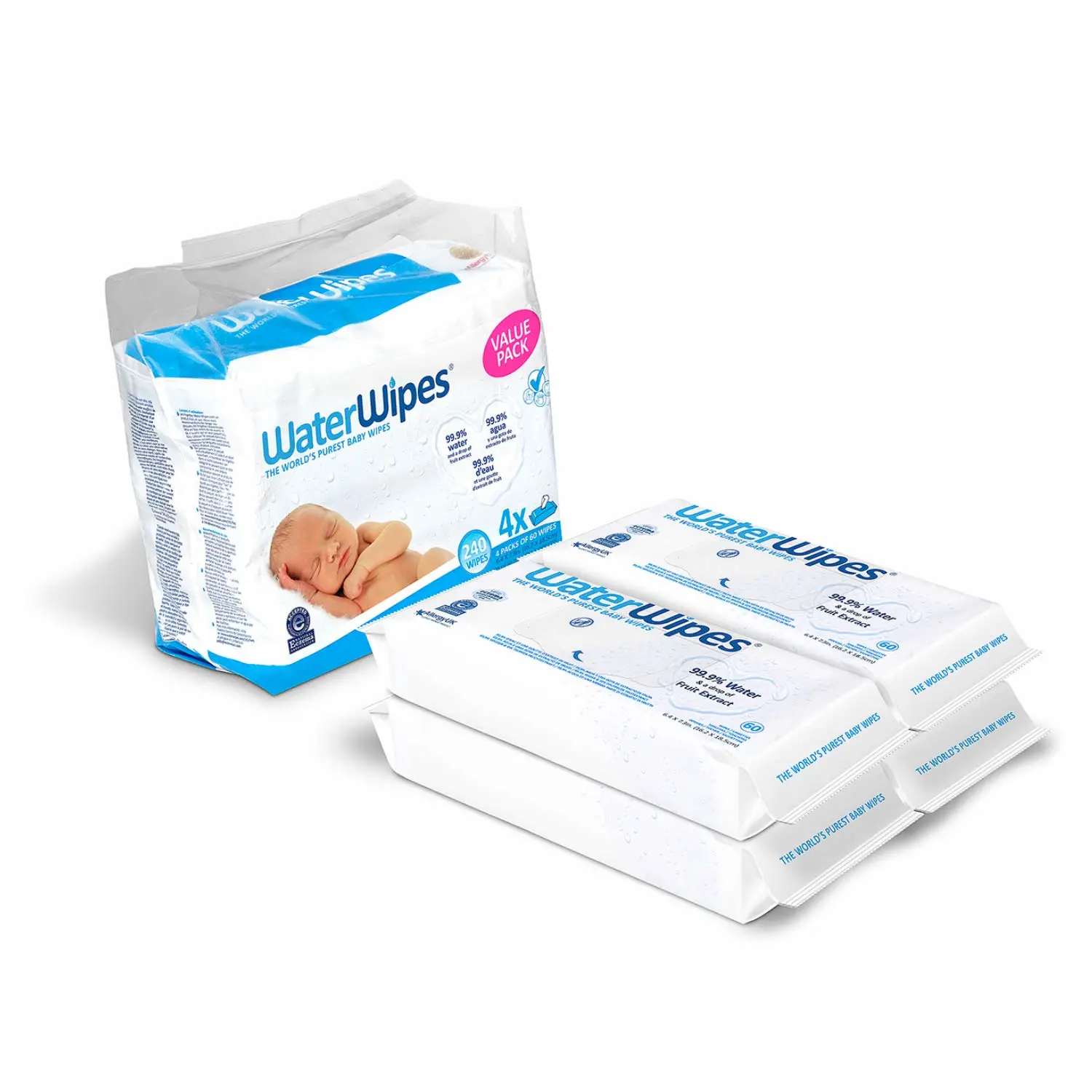 Baby Wipes, WaterWipes Sensitive Baby Diaper Wipes, 99.9% Water, Unscented & Hypoallergenic, for Newborn Skin, 4 Packs (240 Count)