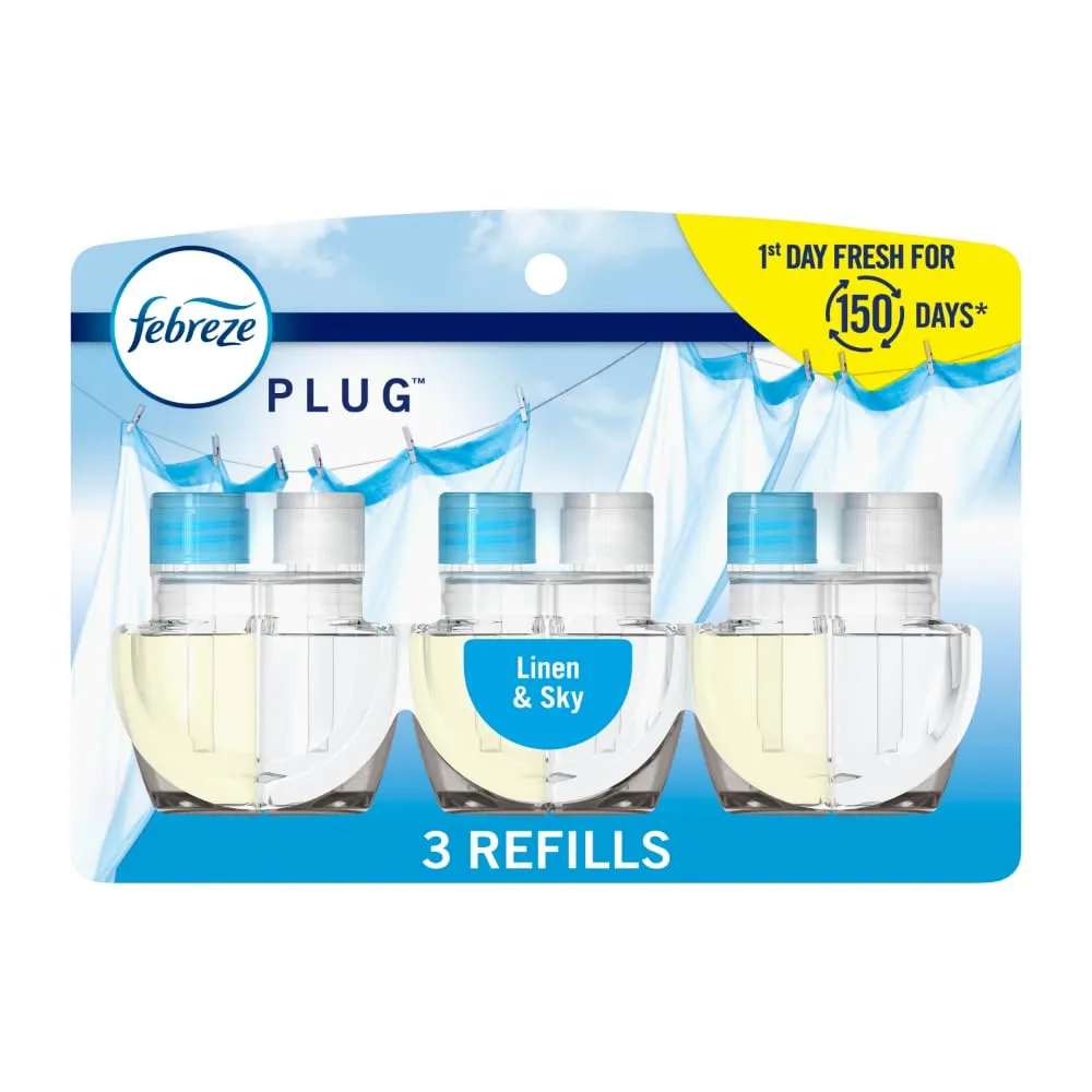 Febreze Plug In Air Freshener, Odor-Fighting Scented Oil Refill, Air Fresheners for Home and Bathroom and Kitchen, Long Lasting for Strong Odors, Linen & Sky Scent, 0.87oz Refills, 3 Count (Pack of 1)