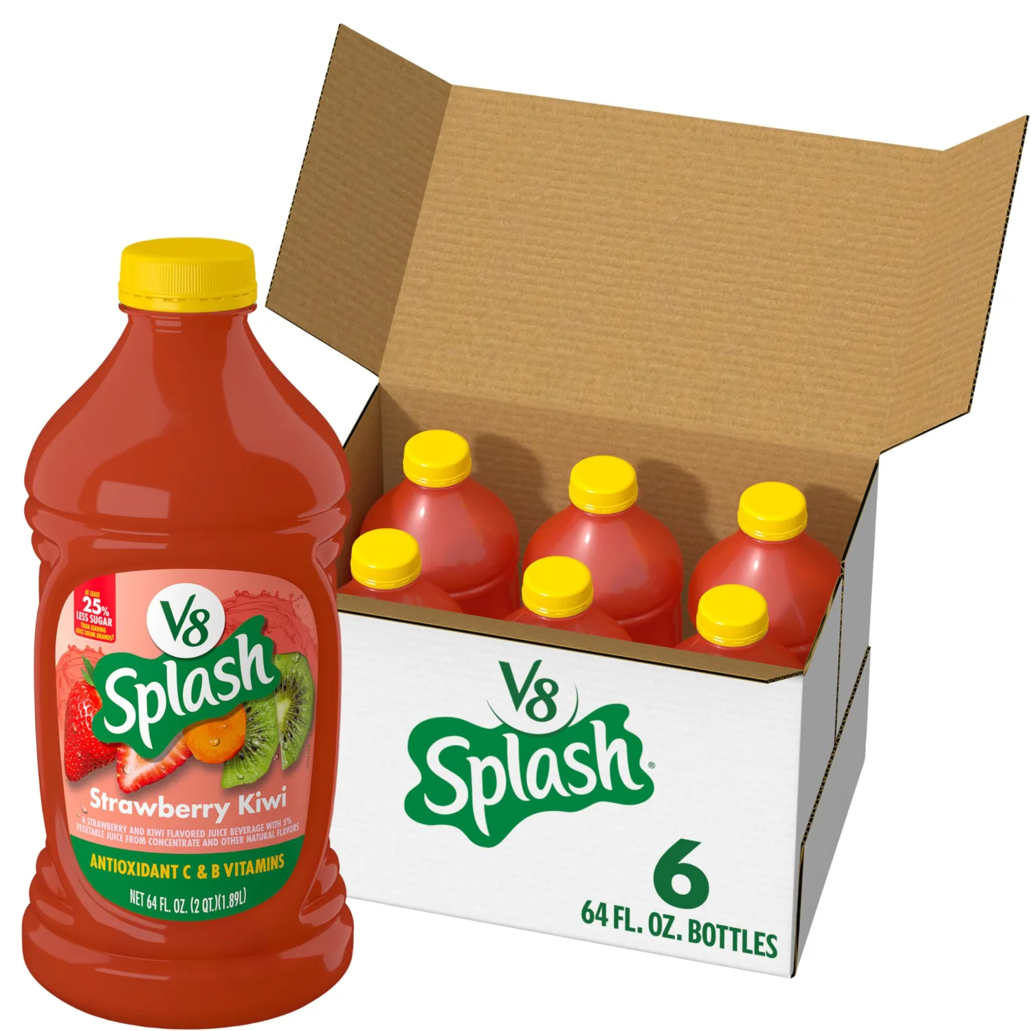 V8 Splash Strawberry Kiwi Flavored Juice Beverage, 64 fl oz Bottle (6 Pack)