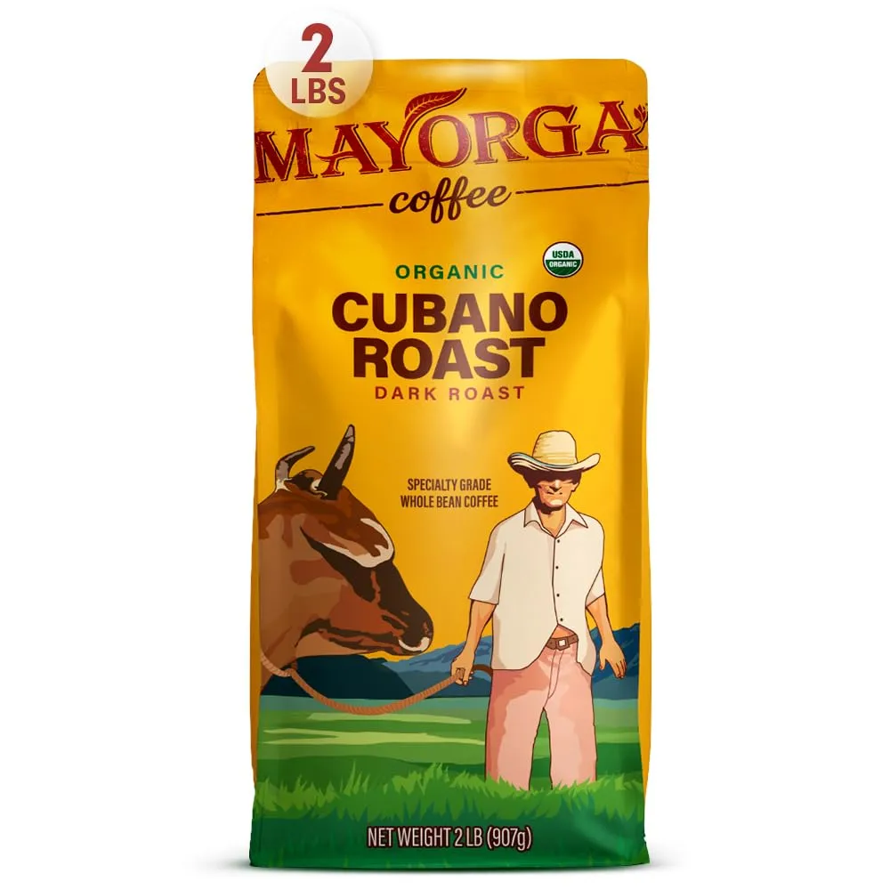 Mayorga Organic Coffee 2lb Cafe Cubano Roast - Dark Roast Whole Bean Specialty Grade Coffee, 100% Arabica, Slow Roasted, Bold and Smooth Flavor with Low Acidity - USDA Organic, Non-GMO, Kosher