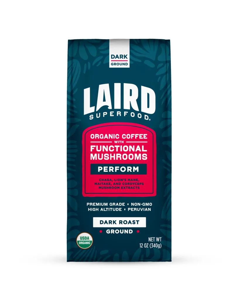 Laird Superfood Peruvian Dark Roast Coffee with Functional Mushrooms, Certified Organic Peruvian Ground Coffee Beans, Gluten-Free, Dairy-Free, Non-GMO, Paleo, Keto Friendly, 12 oz. Bag