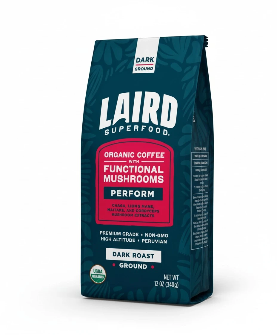 Laird Superfood Peruvian Dark Roast Coffee with Functional Mushrooms, Certified Organic Peruvian Ground Coffee Beans, Gluten-Free, Dairy-Free, Non-GMO, Paleo, Keto Friendly, 12 oz. Bag