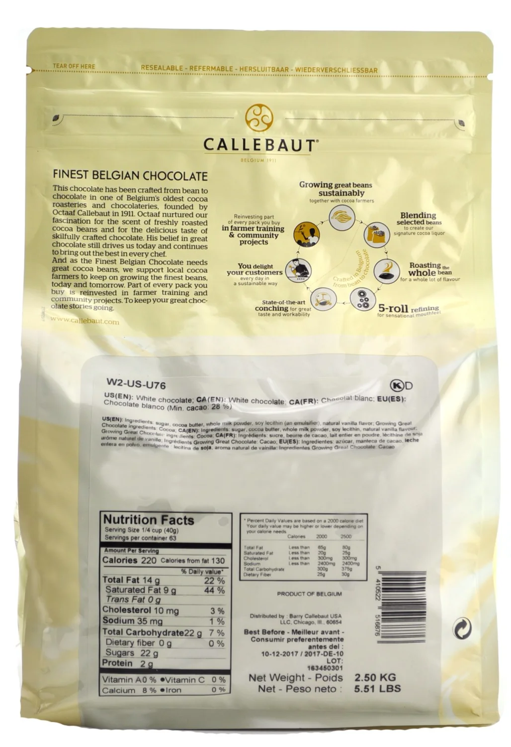 Callebaut W2 28% White Chocolate Callets 5.5 lbs
