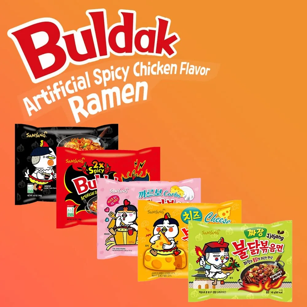 OHMARKET Samyang Buldak Korean Hot Spicy Chicken Stir-Fried Ramyun Noodles 5 Flavor Combo (Original + 2x Spicy + Carbo + Jjajang + Cheese) 5 Pack