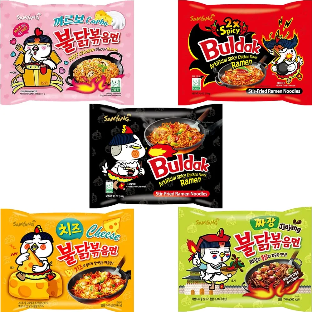 OHMARKET Samyang Buldak Korean Hot Spicy Chicken Stir-Fried Ramyun Noodles 5 Flavor Combo (Original + 2x Spicy + Carbo + Jjajang + Cheese) 5 Pack