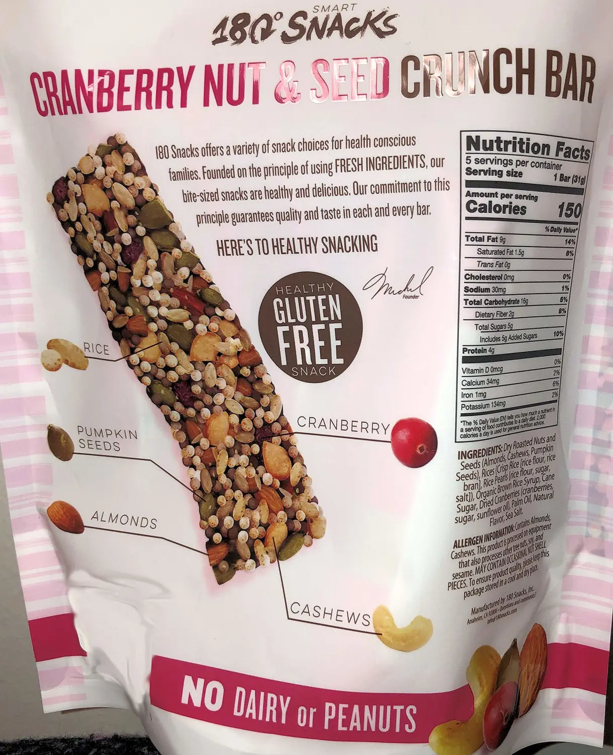 180 Snacks Fruit Nut & Seed Crunch Bar 1 Pack, 5 Snack Bars (Cranberry)