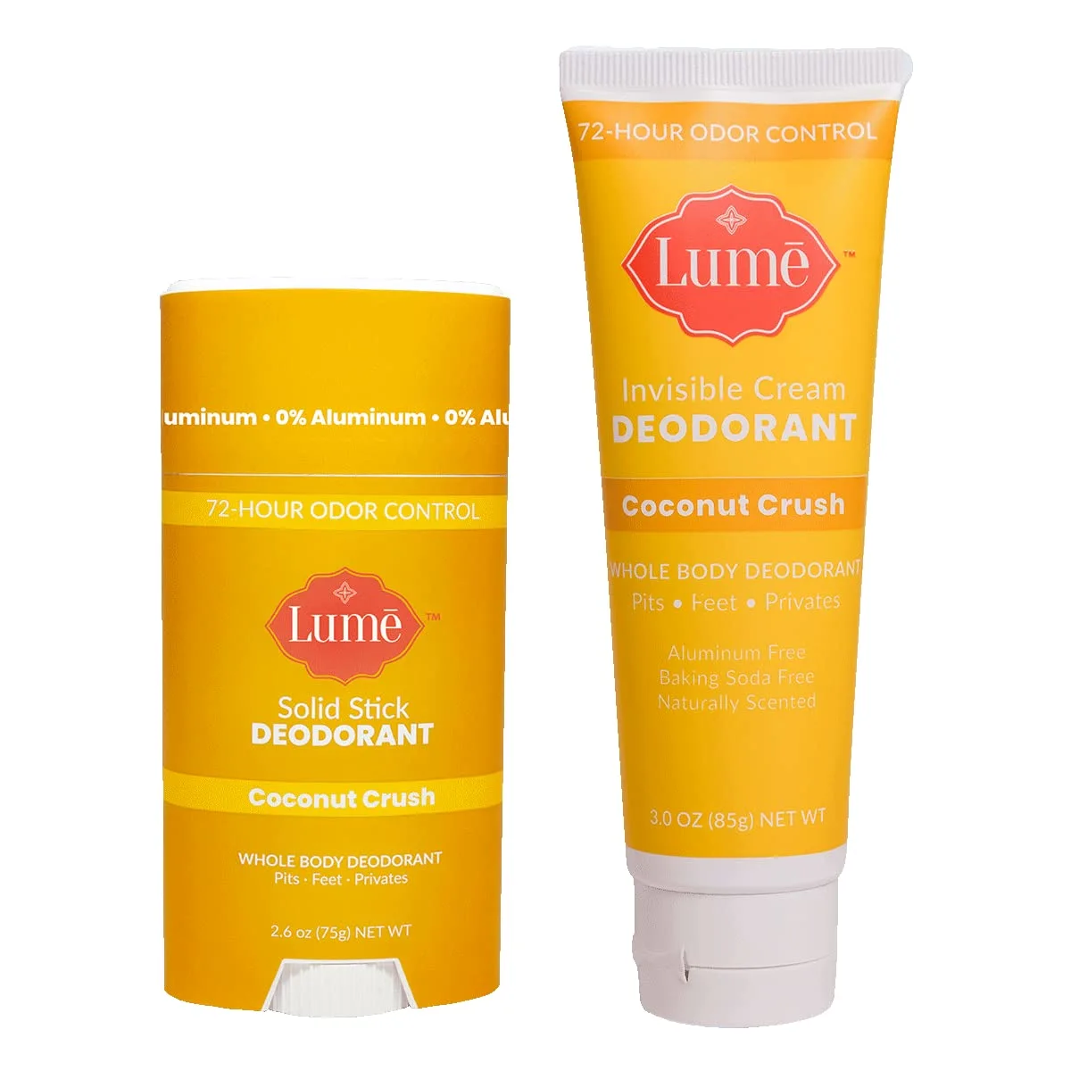 Lume Natural Deodorant - Underarms and Private Parts - Aluminum Free, Baking Soda Free, Hypoallergenic, and Safe For Sensitive Skin - Travel Tube + Solid Stick Bundle (Coconut Crush)