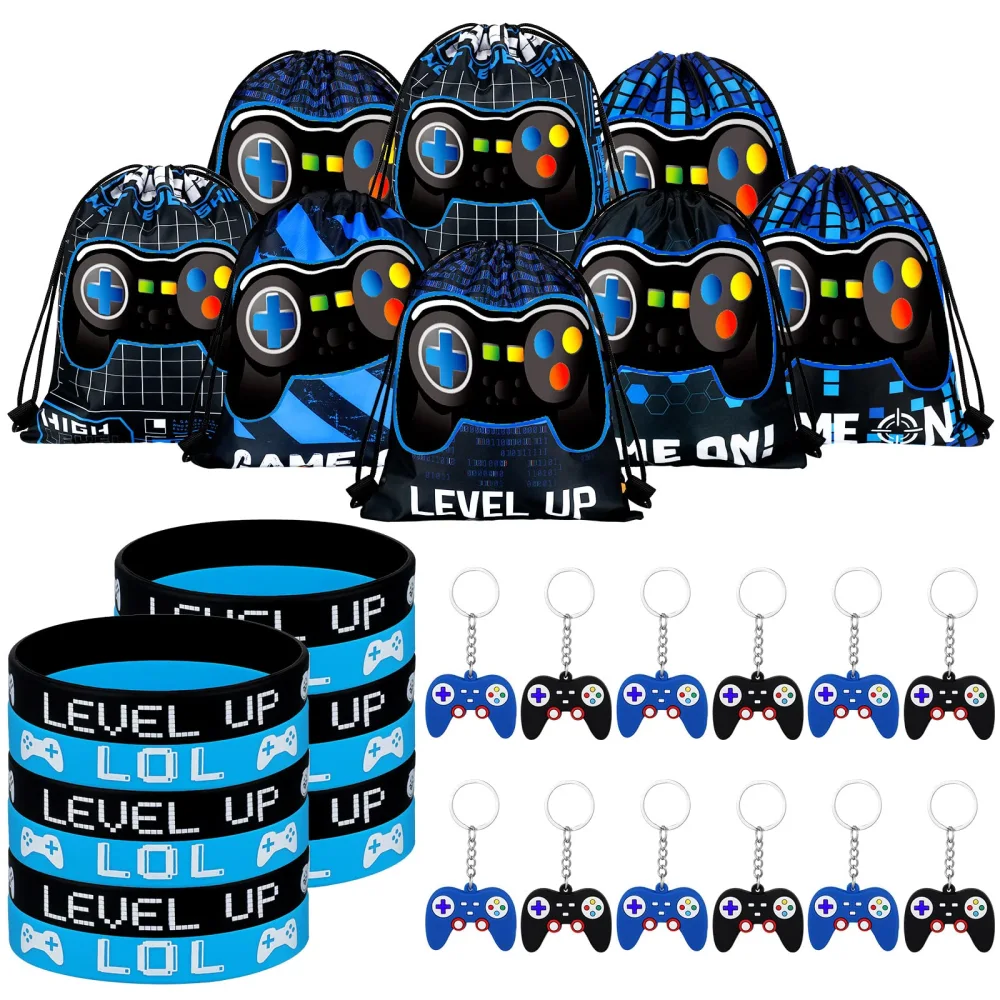 34 Pcs Video Game Party Favors Set Include 10 Video Game Party Loot Bags 12 Video Game Bracelets Wristbands 12 Game Controller Keychains for Birthday Party Supplies Gift (Black and Blue)