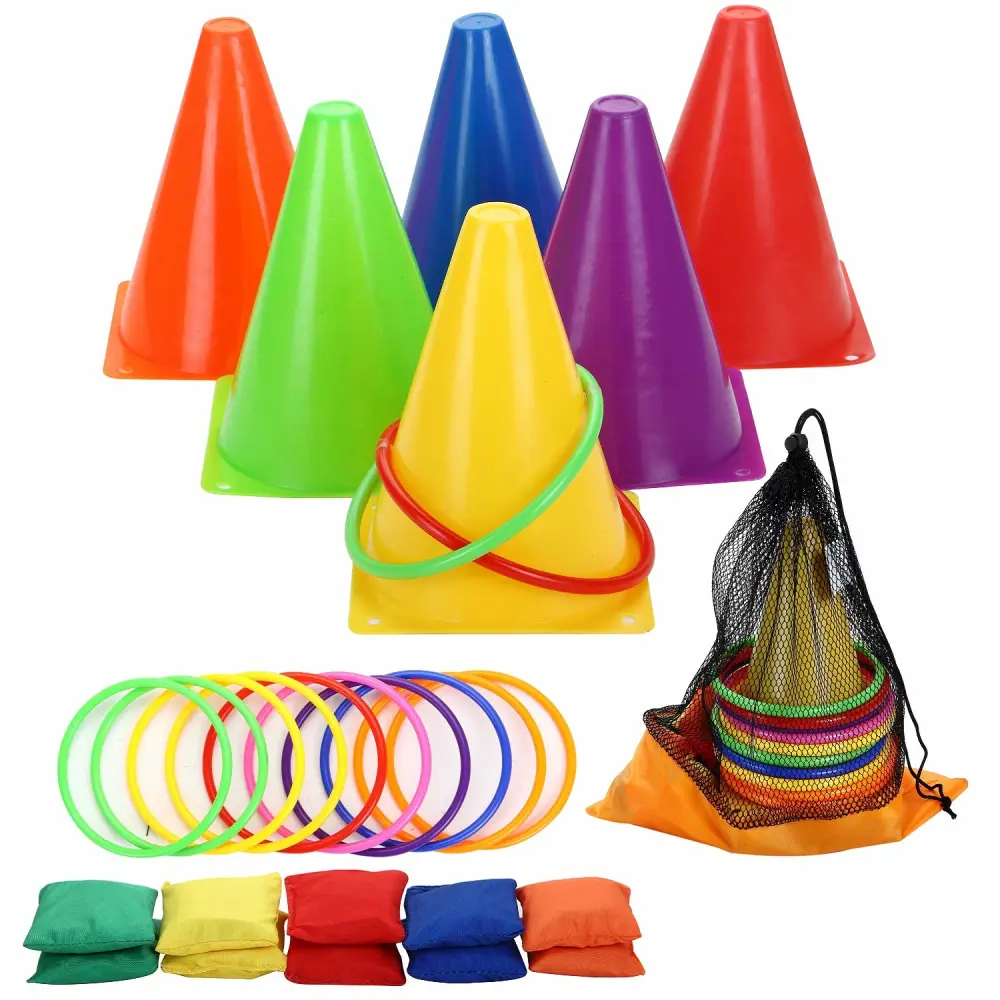 3 in 1 Carnival Outdoor,Combo Games Set,Soft Plastic Cones,Cornhole Bean Bags,Ring Toss Game,Kids Birthday Party Outdoor Games Supplies 26 Piece Set